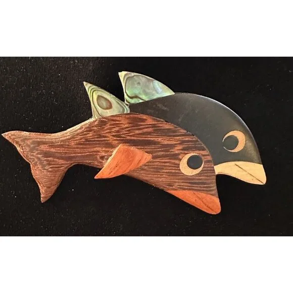Wood Wooden Double Fish Dolphin Pin‎ Brooch Abalone - Picture 3 of 5